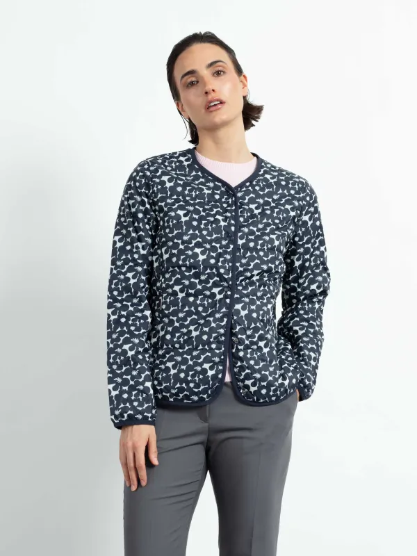WEGA Green Goose Kragenlose Damenjacke Easy Soft Price - Vegane Jacke in Navy Flower Print